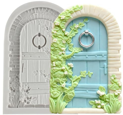MINFEIDMS Vintage Fairy Garden Fondant Moulds Gnome Home Door Silicone Mould Door Chocolate Candy Mould for Sugar Cake Decorating Cupcake Topper Gum Paste Polymer Clay
