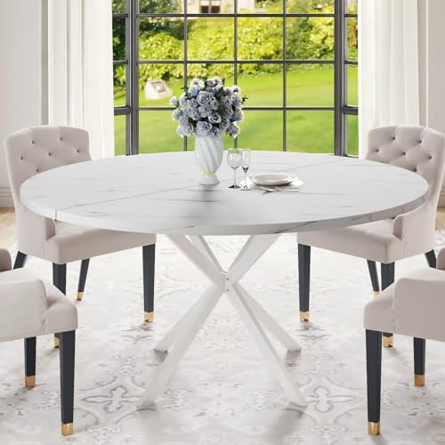 RLRO 47.24 Round Dining Table for 4-6 Person, Round Kitchen Table with Wood Top, Circle Dinner Pedestal Tables with Metal Legs for Dining Room Kitchen (White Marble)