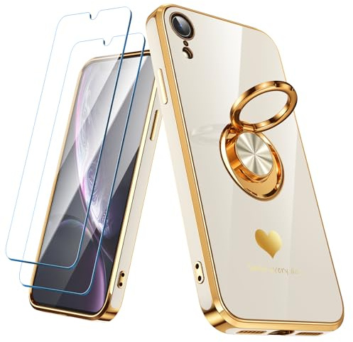 Nonional Compatible for iPhone XR Case with 2 Pack Screen Protector, 360° Rotatable Ring Holder [Luxury Hearts Pattern] Plating Gold Edge Slim Soft Phone Cover Case for iPhone XR - White