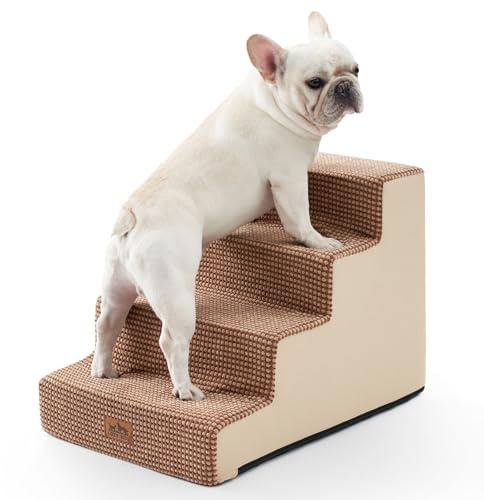 COZY KISS Hundetreppe für Kleine Hunde, 4 Stufen Breiter Haustiertreppe | Katzentreppe mit abnehmbarem bezug, 60cm hoch, 30D hochdichtem schaumstoff,für bett couch auto,rutschfester boden,Light Brown