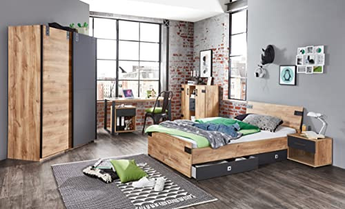 Liverpool Jugendzimmer Set, Plankeneiche & Graphit, 9-teilig, 140er Bett