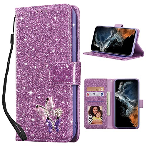 UEEBAI hopfällbart skal för Samsung Galaxy S24 Plus/S25 Plus 5G, PU läderskal glitter 3D fjäril flip fodral med kortfack skyddsfodral stativfunktion plånbok med bärband mobilskal, lila