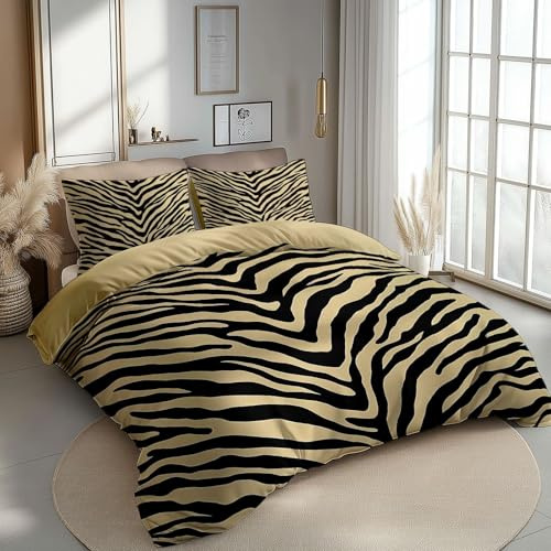 Generisch Bettbezug Set Tier Tigerstreifen Textur Bedruckte Betten Set Mädchen Frauen Männer Braun Bettwäsche Set 135 X 200 cm Mikrofaser Weich Mit Reißverschlüssen Atmungsaktiv