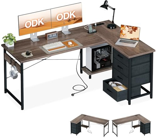 ODK Hörnskrivbord med 4 Tyglådor, 155x110cm, Grå Ek | 4 Förvaringslådor, L-formigt Bord med Hyllor, Reversibel Design, USB och Inbyggda Eluttag för Hemmakontor