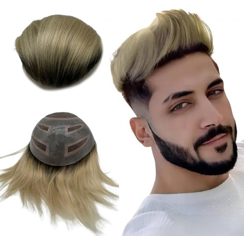 NLW Echthaar Toupet Männer Schweizer Spitze kombiniert mit PU haarsystem mann 100% Echthaar natürlicher Haaransatz Herren Echthaar perücke 110% Dichte Basis 10 * 8 Zoll (#T613 blond)