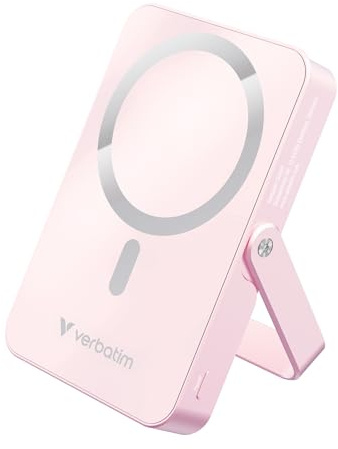 Verbatim Charge 'n' Go MagSafe Powerbank 10000mAh PD20W mit Ständer Rosa | 10000mAh MagSafe 15W kabellosem Laden, PD 20W, LED-Anzeige, Glasoberfläche & integriertem Standfuß für mobiles Laden