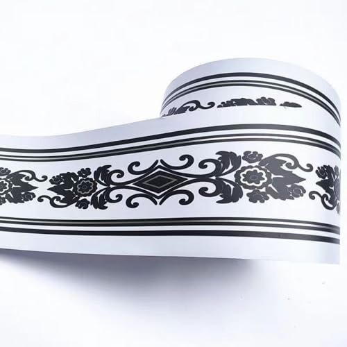 VisitRyl Frise Murale Autocollante Noir et blanc euro fleur 12cm X 1000cm Adhésive Réutilisable pour Décoration Intérieure Facile à Poser