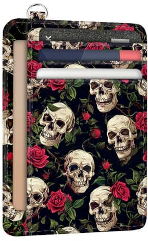 peacoblue Porte-Cartes Femme Mince Crâne et Fleurs en Cuir PU | Étui Compact avec Fenêtre ID, Organisateur de Cartes Format Poche Avant, Design Original Pour Voyage et Cadeau