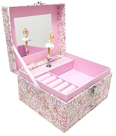 HUTRADE Mädchen Schmuckkästchen mit Musik & Ballerina – Schmuckbox mit Spiegel, Blümchenmuster, Geschenk für Kinder