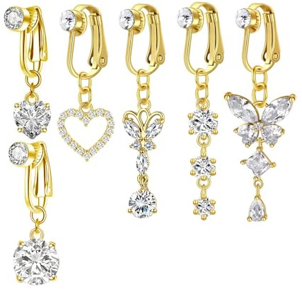 XFSRG 6 Pièces Faux Piercing Nombril Clip Anneau de Nombril Non Percée Bijoux Cuivre Hypoallergénique Papillon Coeur Bijoux de Corps (Or)