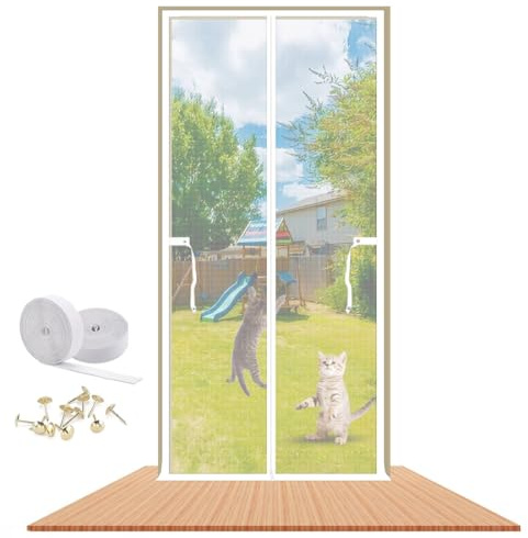 LAIJIANG Puerta mosquitera reforzada para gatos, malla gruesa a prueba de gatos con cierre de cremallera para sala de estar, dormitorio, cocina (blanco, 85 x 205 cm)