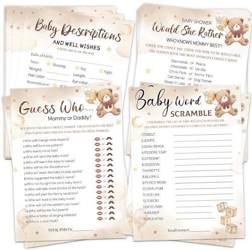 HOMANGA Baby Shower Games, 4 Fun Games for 25 Guests, Who Knows Mommy Best, Guess Who Mommy or Daddy, Word Scramble, Gender Neutral Bear Design Baby Shower Decorations for Boy or Girl