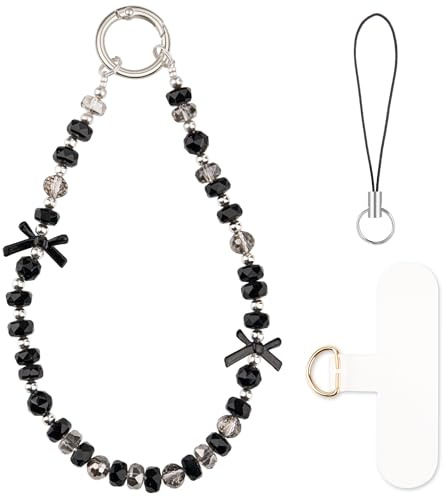 HONZUEN Cordino per Cellulare con Perline, Laccetto per Cellulare da Polso, Laccio Telefono con Perle Cristallo, Accessori per Cellulari Charm per Borsa e Chiavi, Phone Charm per Donne, Fiocco Nero