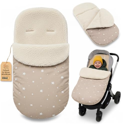 Saco Carrito Bebé Universal en Boucle: 90x45 cm – Saco de Invierno forrado suave de Ajuste Universal – lavable a 30 grados en la lavadora para Bebé y Niño Oeko-Tex Beige con estrellas blancas