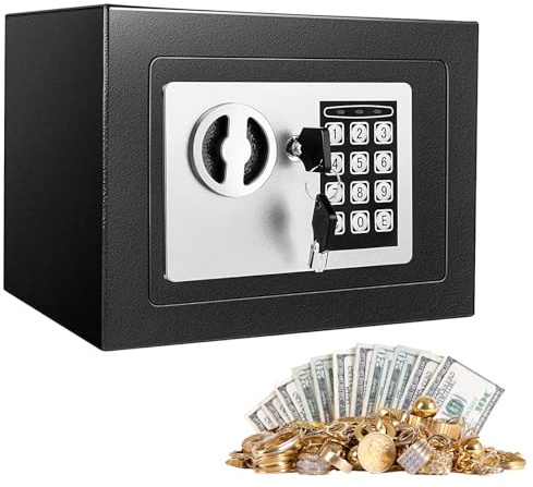 6.6L Digital Steel Safe, Safe Boxes for Home Use, Black Mini Safe for Kids | Lock Box with Code Keys, Electronic Security Home Office Money Cash Safety Box with 2 keys, Wall Safes 230mmx170mmx170mm