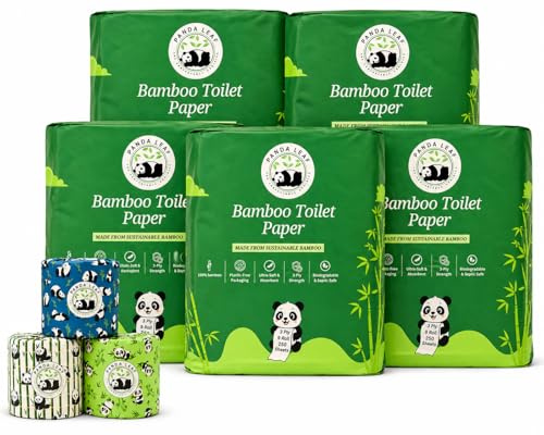 Panda Leaf Premium Bamboo Toilet Paper 45 Rolls | 3 Ply Ultra Soft & Strong | 250 Sheets Per Roll | Extra Large Sheets | Plastic-Free Packaging | Biodegradable & Septic Safe (Pack of 5 of 9 Rolls)
