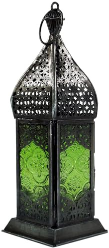 Orientalische Metall/Glas Laterne im marokkanischen Design, Windlicht | Filigrane Metallarbeit, farbiges Glas, ideal für Teelichter, schafft eine magische Atmosphäre.