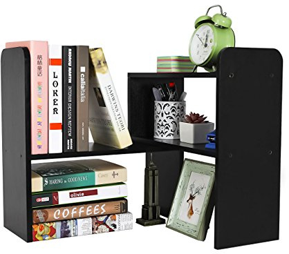 PAG Desktop Kleines Regal Einstellbare Holz Bücherregal Klein,Schreibtisch Organizer und Zubehör Display Rack, Für Büro, Schule und Zuhause,Schwarz