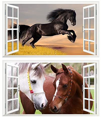 2Pcs Pferd Horse Schwarz Weiss Wandtattoo 3D Effekt XXL Wanddurchbruch Fenster Wandaufkleber für Junge Mädchen Kinderzimmer V09 1000 mm breit x 600 mm tief (groß)