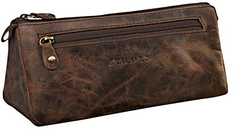 STILORD Alexis Vintage Leder Etui Stiftemappe mit 2 Fächern und Reißverschluss Federtasche Federmäppchen Schlampermäppchen Echtes Leder Farbe:Espresso - braun