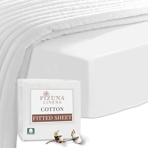 Pizuna 100% Cotton Small Double Fitted Sheet White 400 Thread Count | Long Staple Cotton Fitted Bed Sheet 4ft, 120x200 cm, Sateen Weave 40cm Bedsheet 1pc