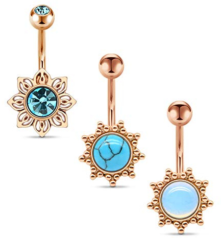 Funseedrr Bauchnabelpiercing Edelstahl 10mm 14G Piercing Bauchnabel Barbell Set mit Opal Türkis Kugel Silber Rosegold