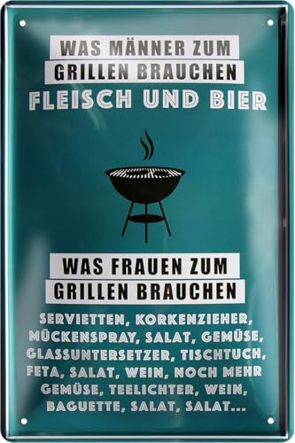 schilderkreis24 - Blechschild Grillen – lustige BBQ-Sprüche für Garten, Balkon & Mancave (Was Männer zum Grillen brauchen - Fleisch und Bier)