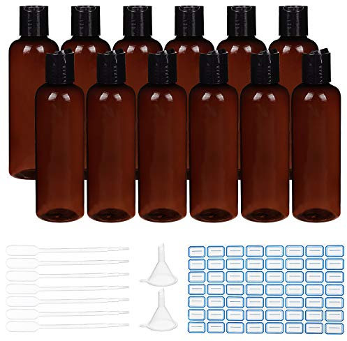 BENECREAT 10 Pack 200ml Bouteille de Voyage en plastiquemarron Vide avec Bouchon à Disque Noir avec pipettes, étiquettes pour Produits de Toilette shampooing