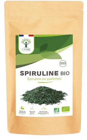 Spiruline Bio Paillette - Protéines BCAA Phycocyanine - Energie Immunité - 100% Spiruline Pure en Paillettes Brindilles - Bioptimal Marque Française - Conditionné en France - Certifié Ecocert - 300 g