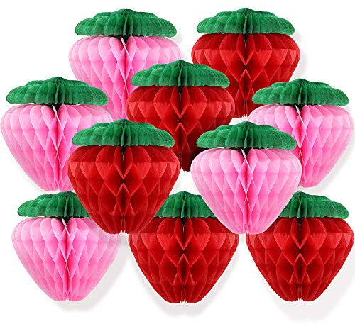 Skylety 10 Pcs 6 Inch Strawberry Party Decorations Red Pink Tissue Pom Poms Honeycomb Balls Paper Strawberry Lanterns Garland for Berry First Birthday Party 1st Baby Shower Sweet Fruit Wedding Decor