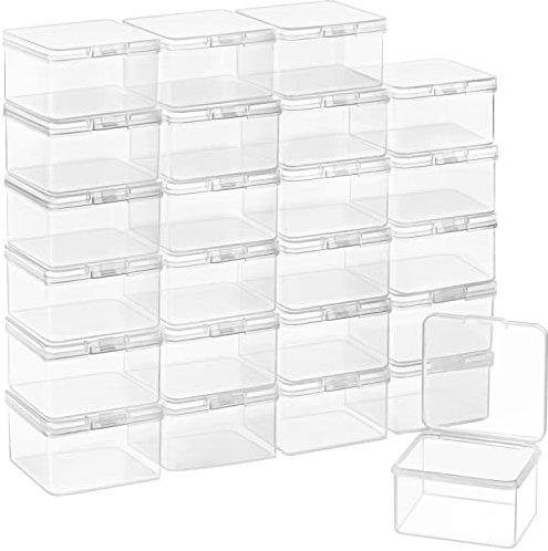 BELLE VOUS Kleine Klare Plastikbox mit Deckel Set (24 Stk) - L6,2 x B6,2 x H4 cm Boxen mit Klappdeckel – Stapelbare Acrylbox mit Deckel für Pillen, Perlen, Schmuck, Bastelartikel & Kleinteile