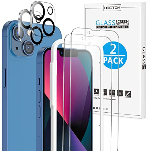 OMOTON für iPhone 13 Panzer Schutz Glas mit Rahmen-Installationshilfe | kompatibel mit iPhone 13 Kamera Schutzfolie, Anti- Kratzer, Bläschenfrei, 9H Härte, HD-Klar, 2+2 Stück