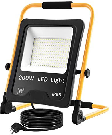 XMTECH LED Fluter LED Baustrahler 200W Warmweiß- inkl. Standgestell und Tragegriff LED Arbeitsscheinwerfer Innen-und Außenbereich Wasserdicht IP66 Flutlichtstrahler