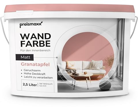 Preismaxx Wandfarbe Rot Granatapfel hohe Deckkraft matt hochdeckend 2,5l | Für Wände, Decken, Putz, Tapete & Altanstriche, geruchsarm, tropfgehemmt, Renovierung & Neuanstrich