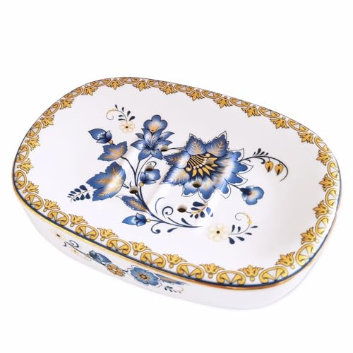 Self Draining Soap Dish, Double-Layer Bar Soap Tray(Style D) | Ceramic Soap Dish with Elegant Patterns