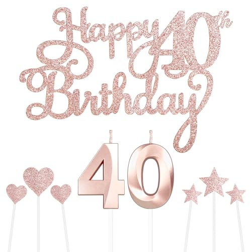 Personalised Rose Gold Happy 40th Birthday Cake Topper with 40 Birthday Candles and Star Cupcake Toppers - Cake Decorations Set for Her or Him - 9 Piece