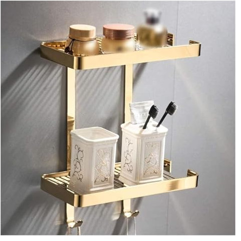 Badezimmer-Regal-Organizer, Eck-Duschwand-Caddy, Dusch-Shoo-Seifen-Kosmetik-Regale, Messing-Duschregal, quadratisch, Schwarz/Gold, Badezimmer-Aufbewahrungsorganisator, Rack-Halter (Farbe: Gold, zwei E