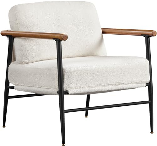 Yaheetech Poltrona da Salotto in Boucle Poltrocina Imbottita Struttura in Metallo Sedia con Braccioli Lineari Cuscino Allentato per Soggiorno Camera da Letto Lettera 69,5 × 76 × 82 cm Avorio