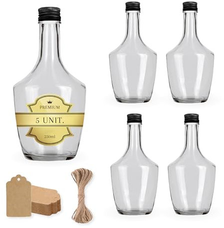 Espirito Rebelde 5 luxuriöse Glasflaschen, 250 ml, mit schwarzem Schraubverschluss + 5 Etiketten aus Kraftpapier + Schnur, Eleganz und Modernität für Rum, Likör, Handwerkszubereitungen | Flaschen zum