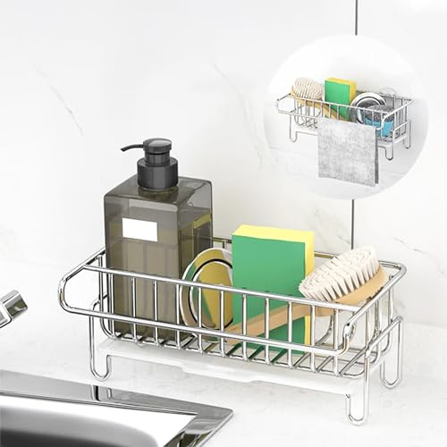 Mercaaran Organizer für Küchenspüle, Spülbecken, Küchenutensilien, Küchenutensilien, aus Edelstahl, mit Klebstoff und herausnehmbarer Abtropfschale