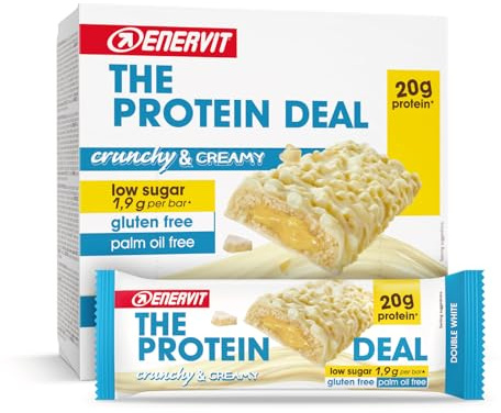 Enervit The Protein Deal Double White, Barritas Proteicas, Sabor Chocolate Blanco con Centro Suave, Snack Delicioso, 20g de Proteínas, 1,9g de Azúcares, Sin Gluten, 12 Barritas de 55g
