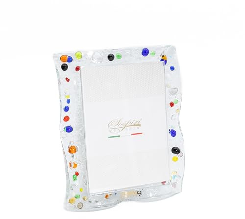 SOSPIRI VENEZIA Marco de Fotos de Cristal de Murano con Soporte para Escritorio o Mesa Foto 7x10 cm Adorno para el hogar Decorado a Mano Idea de Regalo para Recuerdo de Ceremonia (10,5X12,5 cm)