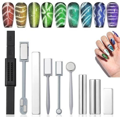 Umiup Nail Art Werkzeug Magnetstift, 9 Stück DIY Magic 3D Nagel Magnet Stick Set Verwendung mit Cat Eye Gel Pulver oder Nagellack Magnetische Stift Katze Eye Pen für Ideal Katzenaugen Magische Effekt