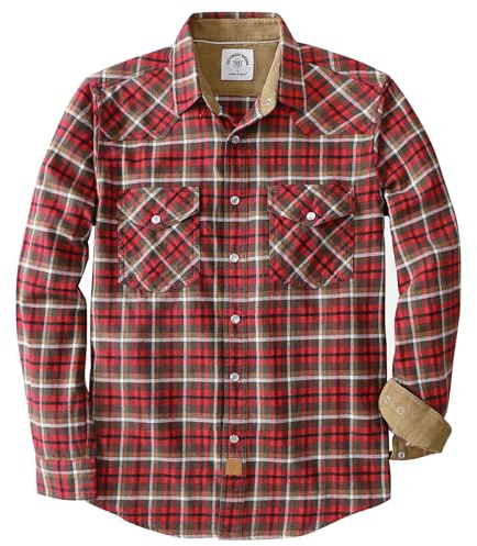 Dubinik Flanellskjorta för män, västerländsk skjorta med tryckknappar, pärlknappar, långärmad, ledig, mysig, vintage, cowboy, rutig, mjuk, ren bomull, L