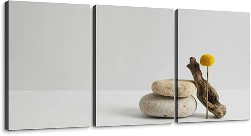 Empty stone podium piece driftwood and yellow flower grey Minimal 3 Piece Canvas Wall Art for Living Room Bedroom Office Framed Prints Pictures Painting Wall Decor Artwork for Walls Set of 3