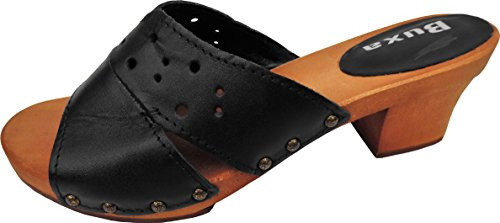 Elegeante Schweden Holz Clogs - Gr.36, 37, 38, 39, 40, 41 Echt Leder+ Bequeme Weite, Komfortweite, Schwarz o. Weiß (Schwarz, EU Schuhgrößensystem, Erwachsene, Damen, Numerisch, Breit, 38)
