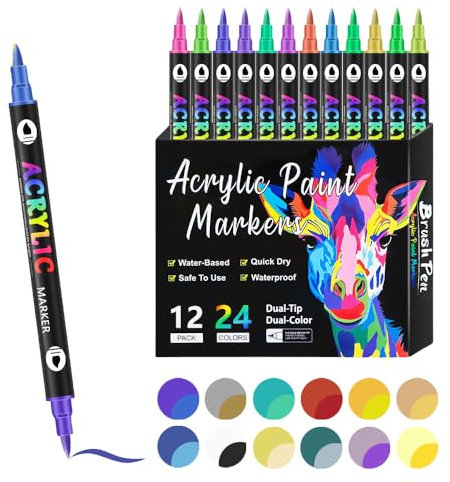 Rcxnm Acrylmalstift-Set, Dual-Spitze, Dual-Farbe, 12 Stifte, 24 Farben, wasserfest, schnelltrocknend