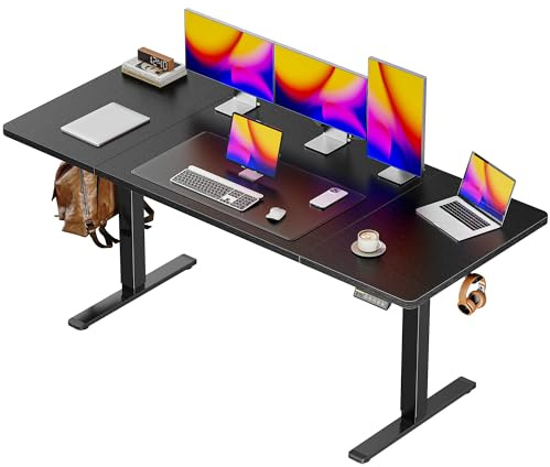 Huuger 63 x 28 Large Electric Standing Desk, Height Adjustable Computer Desk, 27.6 Deep Desktop, Stand up Gaming Office Table with 2 Hooks, 3 Preset Heights, for Home Office, Black