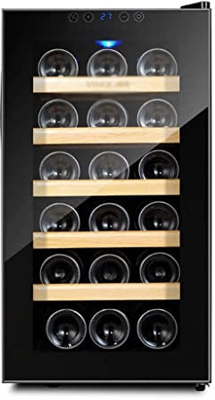 Refrigerador para Vino, Enfriador de Vino para 18 Botellas, Refrigerador para Vino Independiente con Rayos UV/Puerta de Vidrio Templado Antiescarcha, Compresor de Alta Eficiencia, Luz LED Azul, Puerta