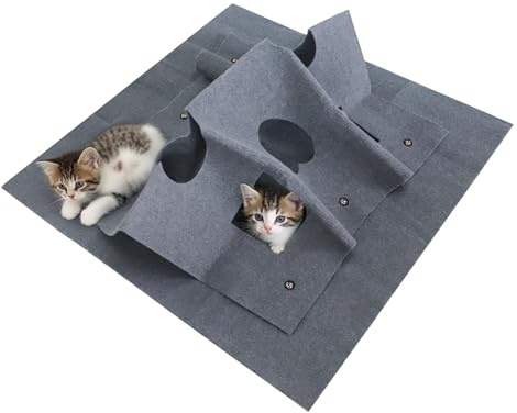 Buwico Premium Katzenteppich mit integriertem Tunnel, Interaktives Katzenspielzeug und Beschäftigungsset, 100x100cm Intelligenzspielzeug für Katzen, Trainingsmatte für Großkatzen & Kätzchen (Grey)